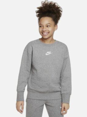 Nike CLUB FLEECE Big Kids Girls' Sweatshirt (Heather Carbon/White) Size XS